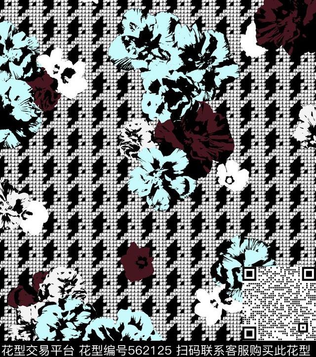 复古简约木刻花卉复古花卉千鸟格叠加传统印花华亿平台下载（图片编号: 562125） - 瓦栏（Walan）