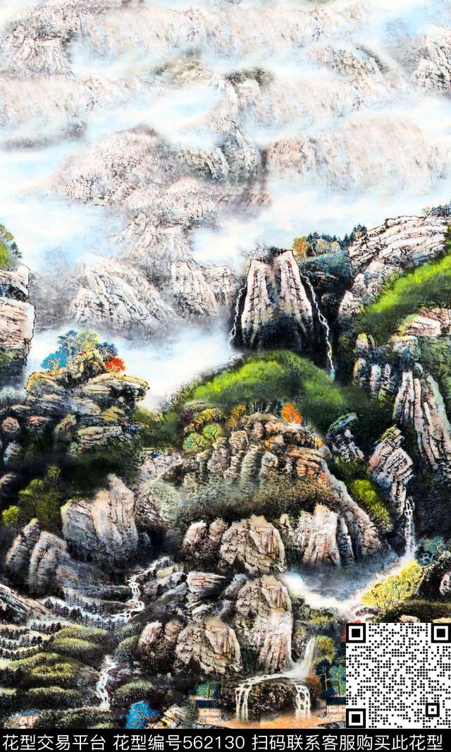 手绘定位中国风山水风景画水彩水墨山女装衬衫抽象油画C【中国风】数码印花华亿平台下载（图片编号: 562130） - 瓦栏（Walan）