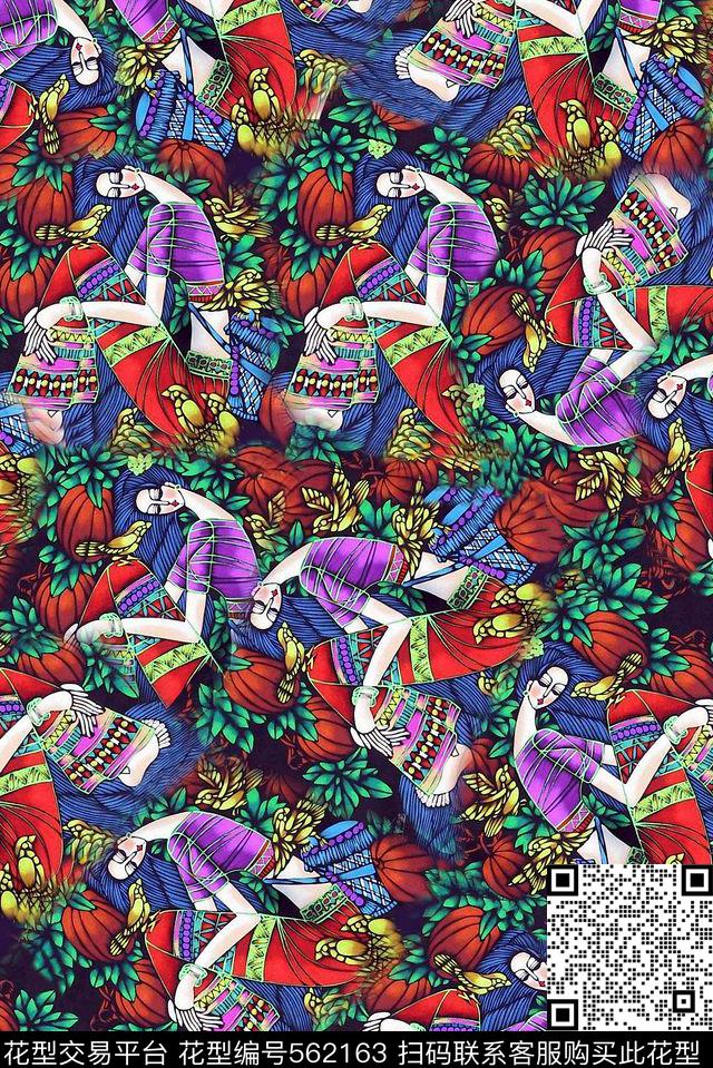 流行时尚民族风少数民族少女鸟花草拼贴拼接印花服装连衣裙箱包方巾流行时尚数码印花华亿平台下载（图片编号: 562163） - 瓦栏（Walan）