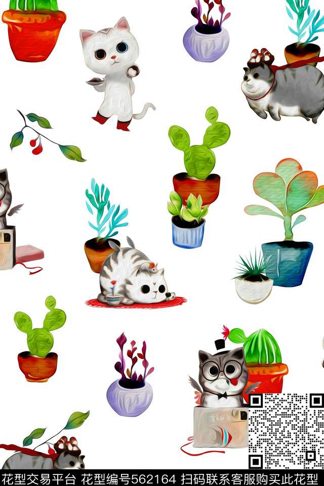 卡通猫咪花盆数码印花华亿平台下载（图片编号: 562164） - 瓦栏（Walan）