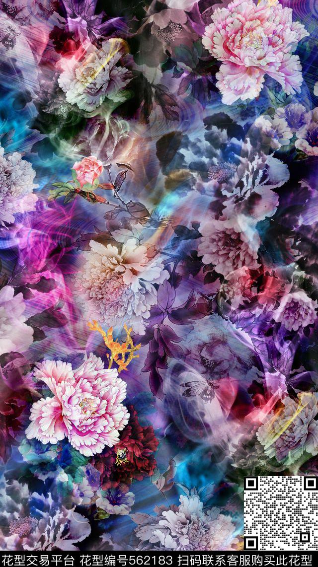 花卉纹样迷幻牡丹数码印花华亿平台下载（图片编号: 562183） - 瓦栏（Walan）