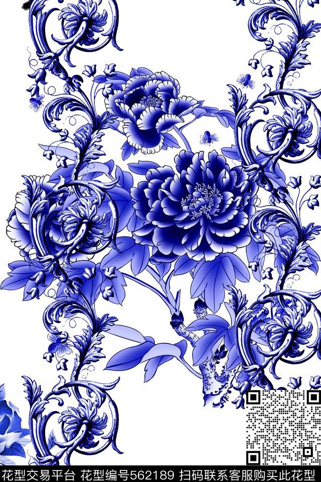时尚潮流青花瓷花卉草卷数码印花华亿平台下载（图片编号: 562189） - 瓦栏（Walan）
