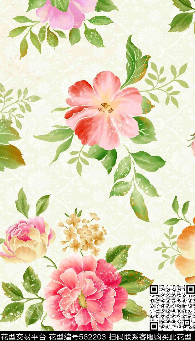 花卉芍药花时尚清新数码印花华亿平台下载（图片编号: 562203） - 瓦栏（Walan）