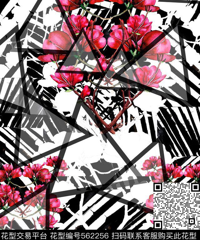 花朵几何抽象四方连续数码印花华亿平台下载（图片编号: 562256） - 瓦栏（Walan）