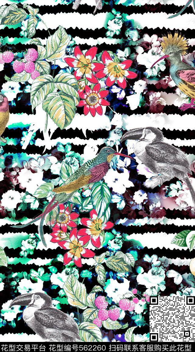 时尚数码印花服装条纹热带花鸟数码印花华亿平台下载（图片编号: 562260） - 瓦栏（Walan）