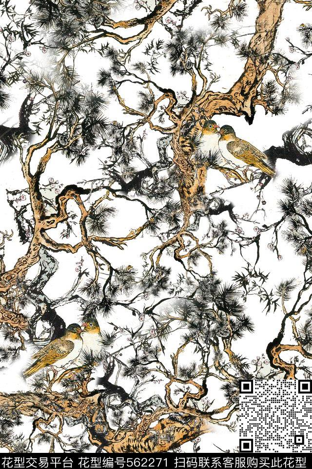 休闲写意树枝鸟国画旗袍连衣裙数码印花华亿平台下载（图片编号: 562271） - 瓦栏（Walan）