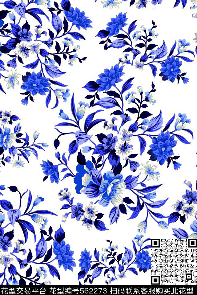 中国风复古花卉服装家纺箱包青花瓷系列复古花卉花卉传统印花华亿平台下载（图片编号: 562273） - 瓦栏（Walan）