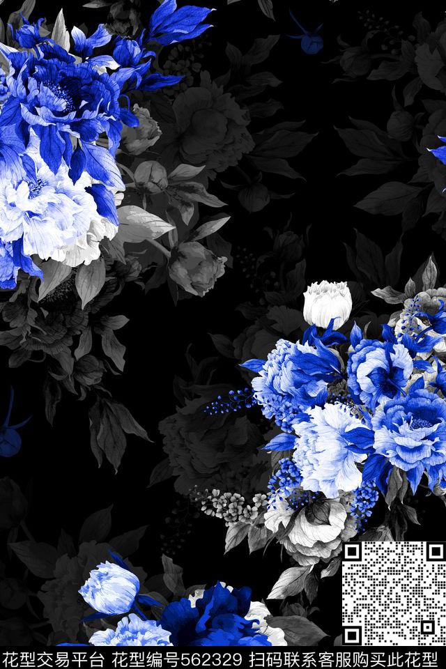 花卉青花瓷靛蓝中国风数码印花华亿平台下载（图片编号: 562329） - 瓦栏（Walan）