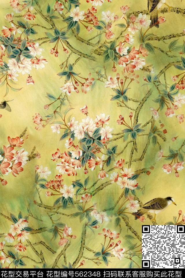 国画工笔花鸟旗袍华亿平台数码印花华亿平台下载（图片编号: 562348） - 瓦栏（Walan）