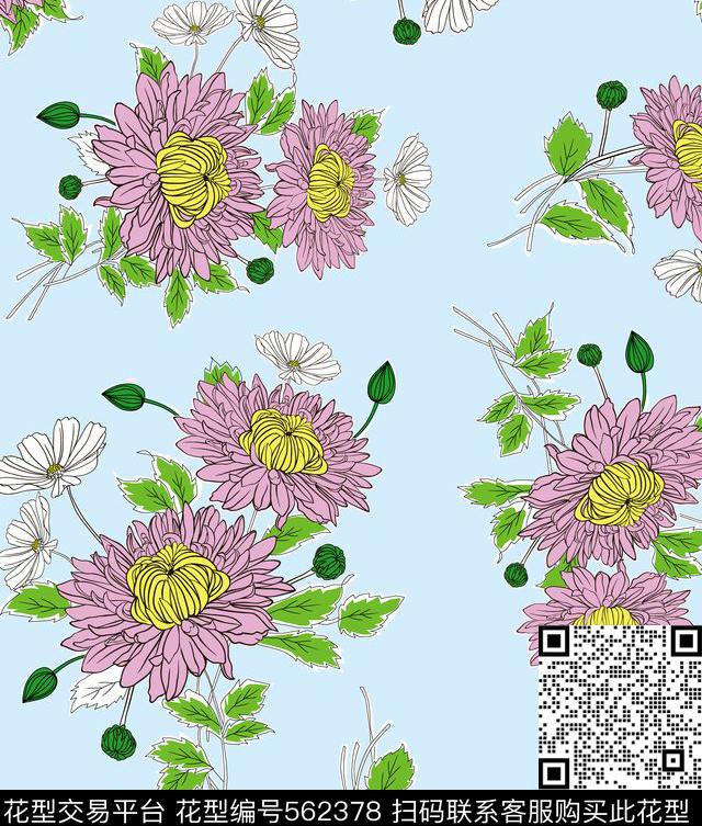 手绘雏菊花卉传统印花华亿平台下载（图片编号: 562378） - 瓦栏（Walan）