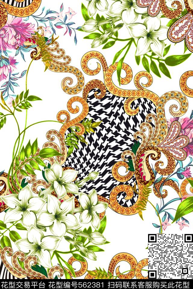 花卉千鸟格卷草花数码印花华亿平台下载（图片编号: 562381） - 瓦栏（Walan）