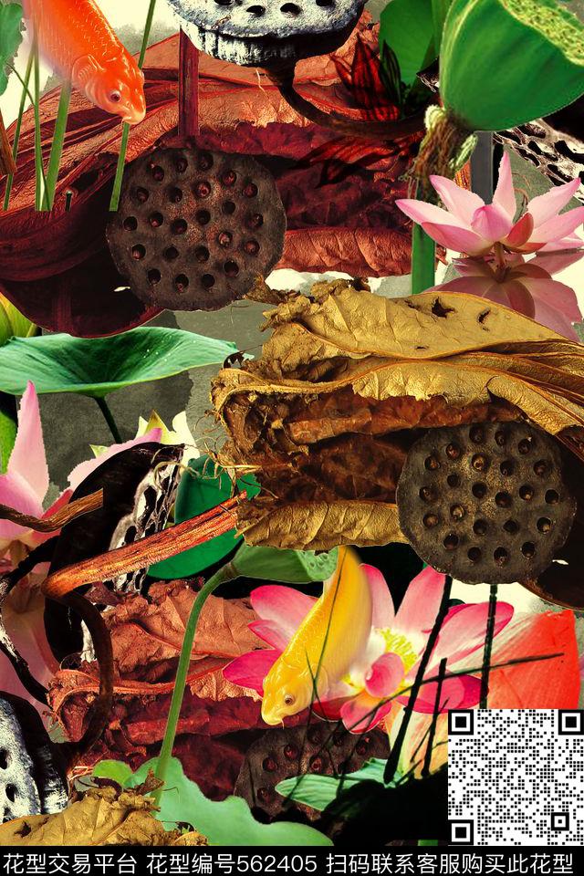 中国风复古抽象荷叶荷花水墨画鲤鱼女士旗袍女士休闲装数码印花数码印花华亿平台下载（图片编号: 562405） - 瓦栏（Walan）