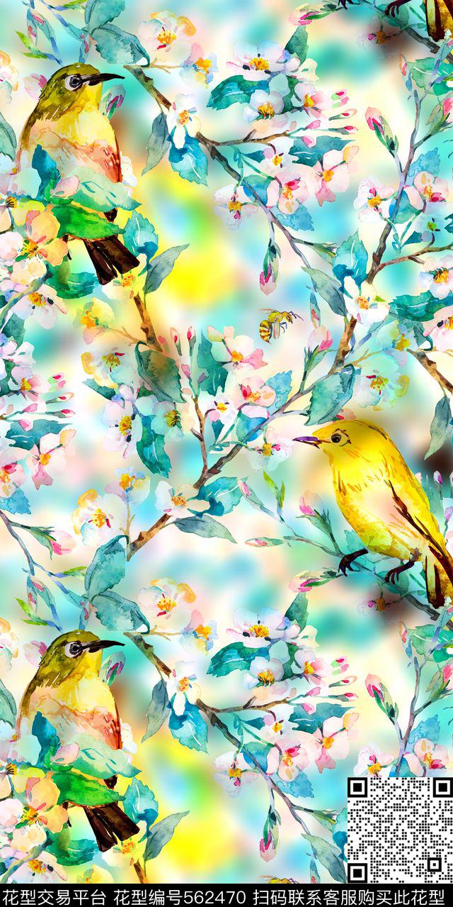 花鸟组合晕染水彩画数码印花华亿平台下载（图片编号: 562470） - 瓦栏（Walan）
