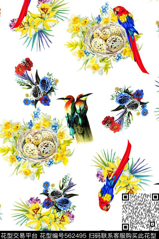 金刚鹦鹉插画花卉鸟蛋数码印花华亿平台下载（图片编号: 562495） - 瓦栏（Walan）