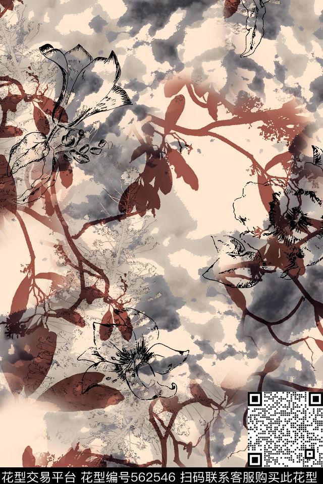 休闲风抽象纹理线描花卉数码印花华亿平台下载（图片编号: 562546） - 瓦栏（Walan）