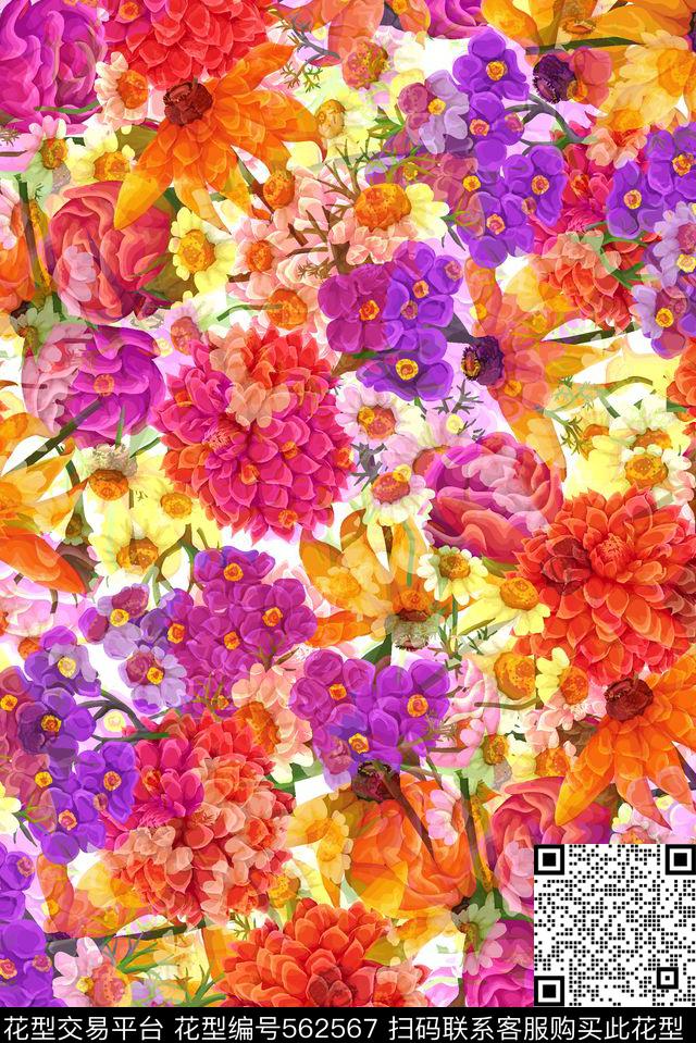抽象彩色花卉数码印花华亿平台下载（图片编号: 562567） - 瓦栏（Walan）