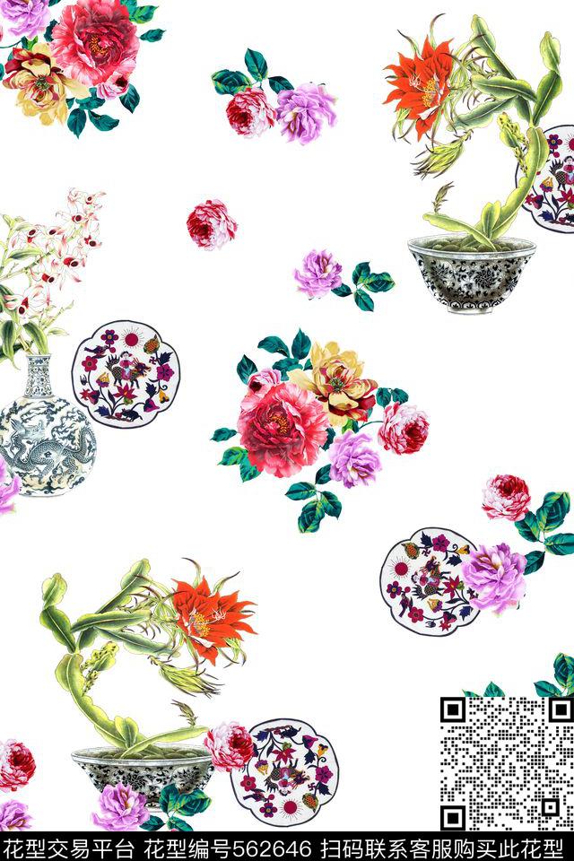 中国风花瓶花卉连衣裙数码印花华亿平台下载（图片编号: 562646） - 瓦栏（Walan）