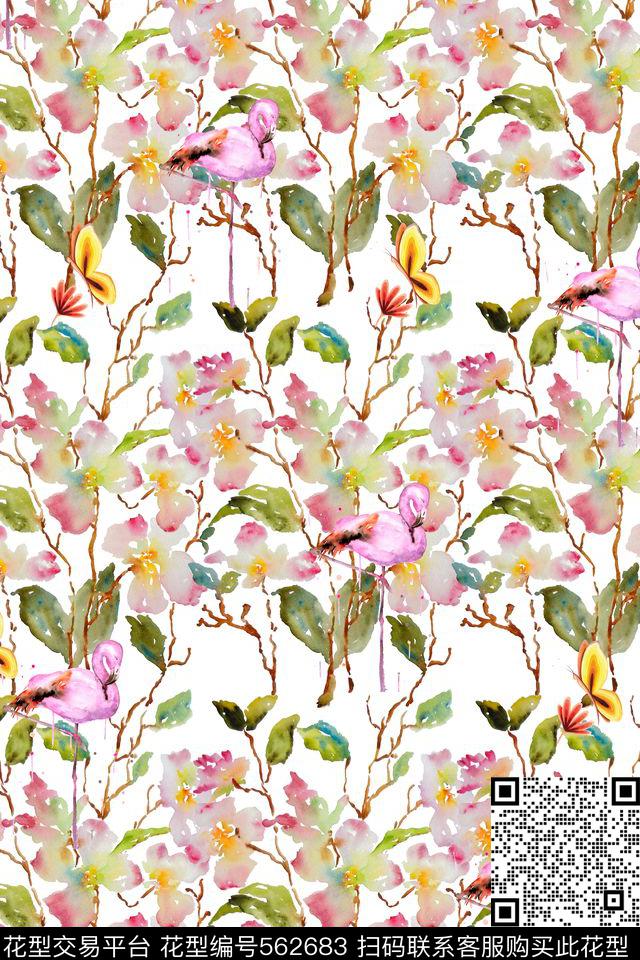 复古花卉蝴蝶数码印花华亿平台下载（图片编号: 562683） - 瓦栏（Walan）