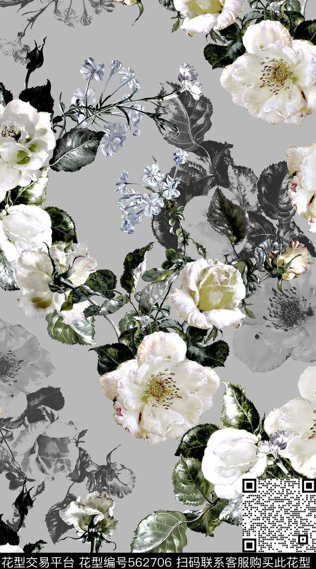淡灰油画花卉数码印花华亿平台下载（图片编号: 562706） - 瓦栏（Walan）