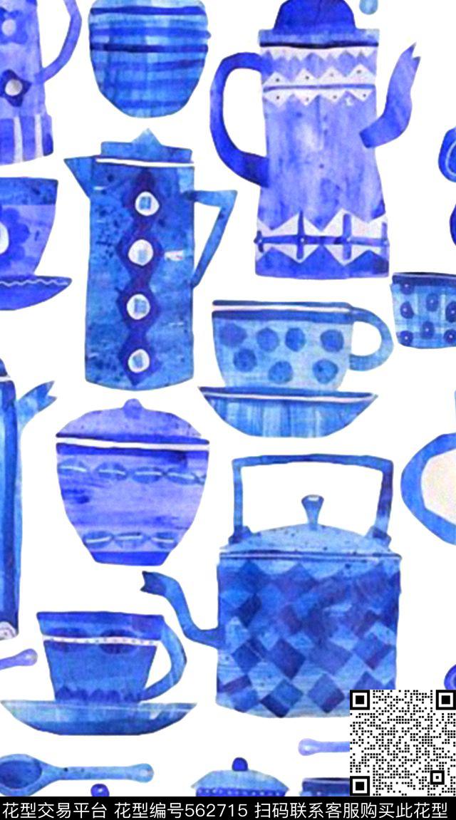 茶壶蓝色四方连续数码印花华亿平台下载（图片编号: 562715） - 瓦栏（Walan）