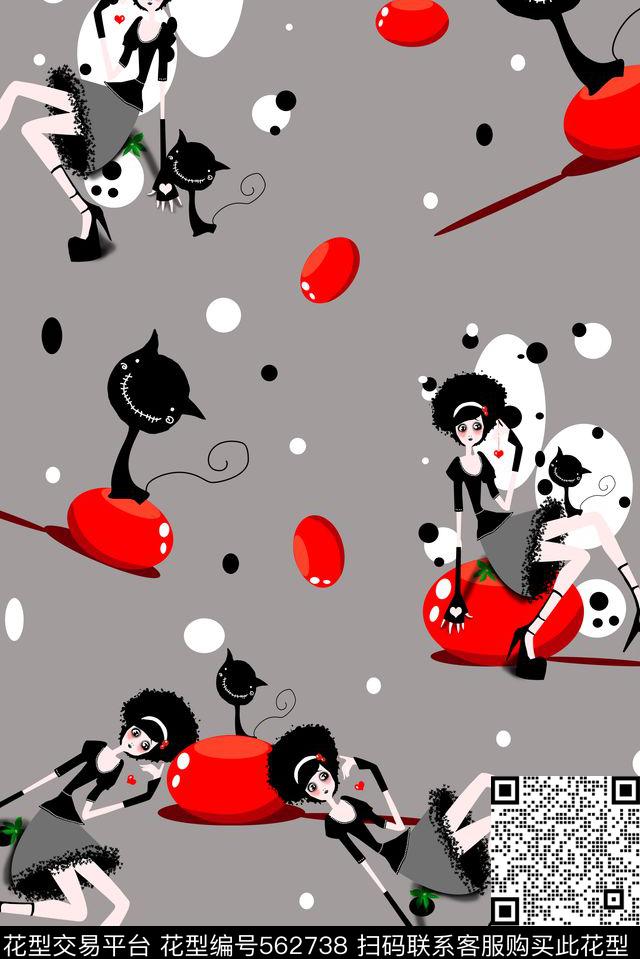 潮流时尚手绘卡通印花童装服装家纺箱包卡通美女小猫皮球几何黑白点卡通传统印花华亿平台下载（图片编号: 562738） - 瓦栏（Walan）