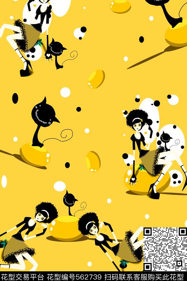 潮流时尚手绘卡通印花童装服装家纺箱包卡通美女小猫皮球几何卡通传统印花华亿平台下载（图片编号: 562739） - 瓦栏（Walan）