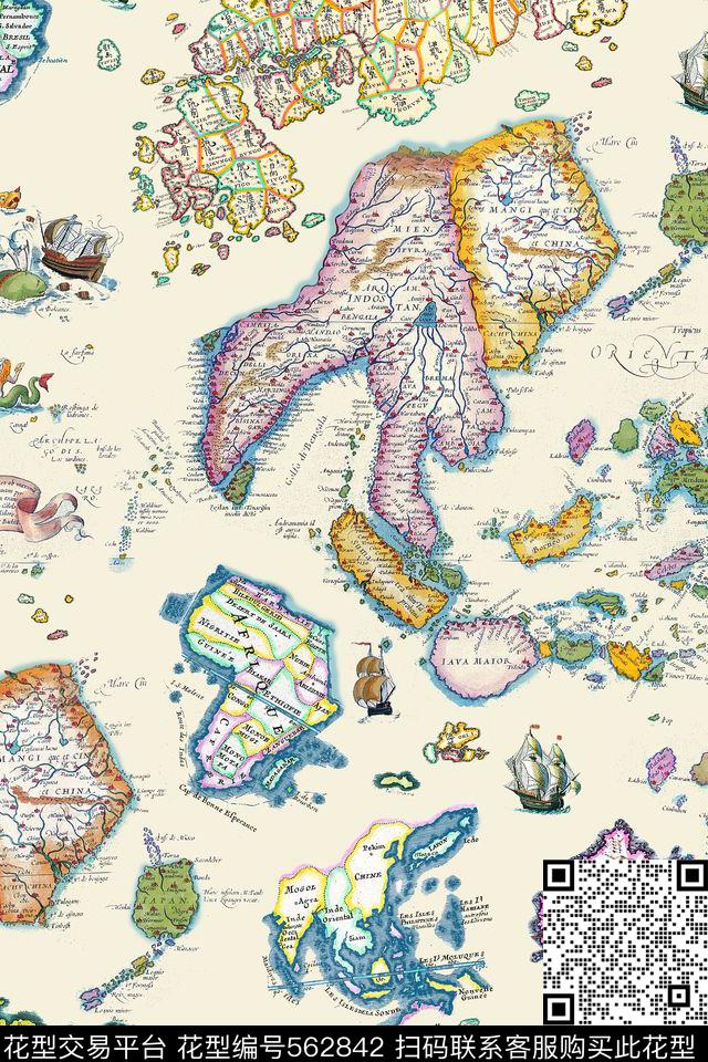 复古手绘地图帆船数码印花华亿平台下载（图片编号: 562842） - 瓦栏（Walan）