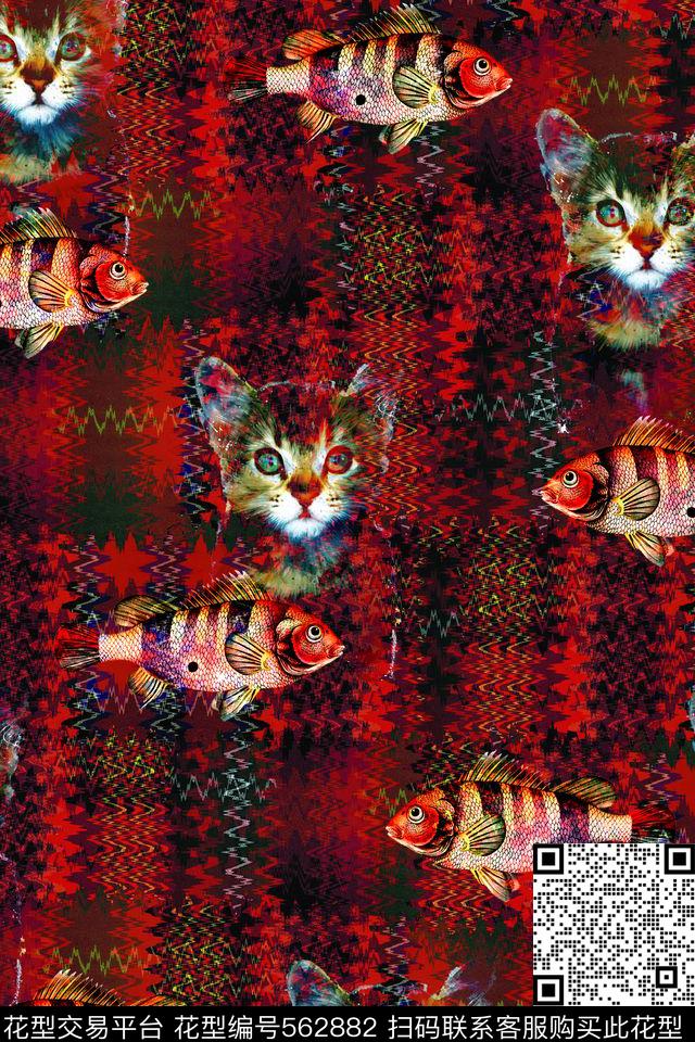 红色格子手绘猫手绘鱼传统印花华亿平台下载（图片编号: 562882） - 瓦栏（Walan）