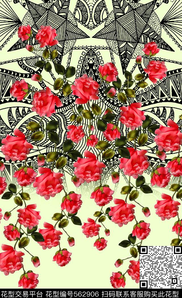 定位几何民族花卉数码印花华亿平台下载（图片编号: 562906） - 瓦栏（Walan）