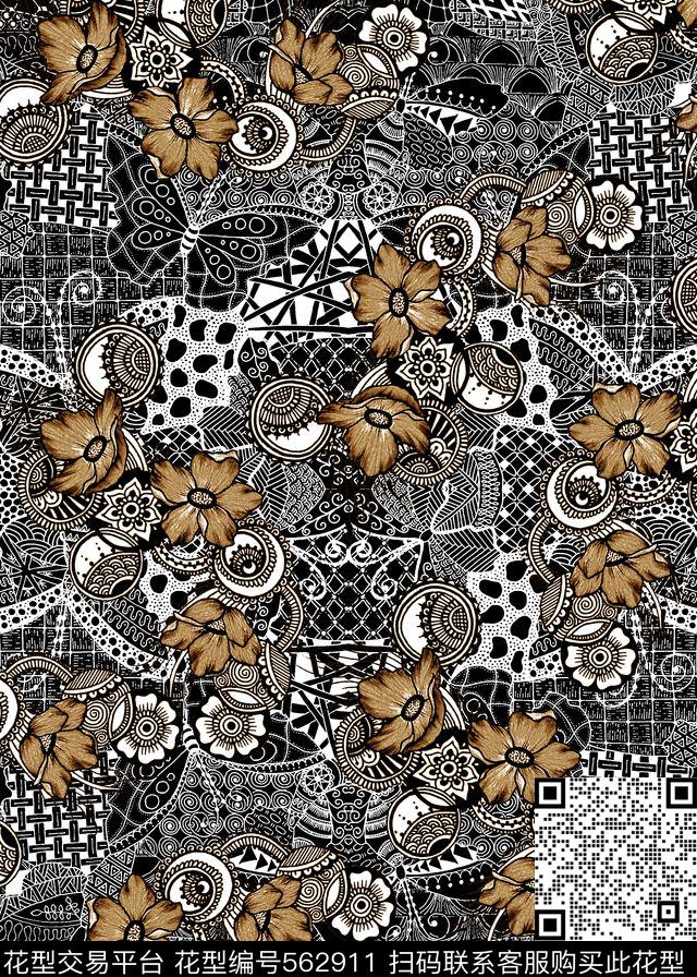 抽象男装图案几何拼块花卉数码印花华亿平台下载（图片编号: 562911） - 瓦栏（Walan）