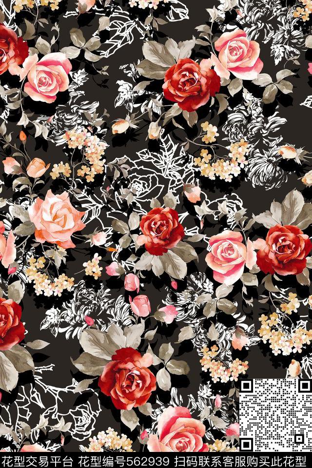 时尚线条花卉树叶数码印花华亿平台下载（图片编号: 562939） - 瓦栏（Walan）