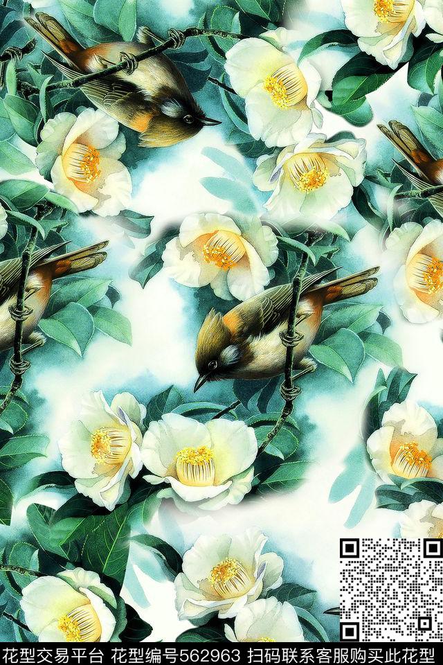 花卉小鸟春色盎然数码印花华亿平台下载（图片编号: 562963） - 瓦栏（Walan）