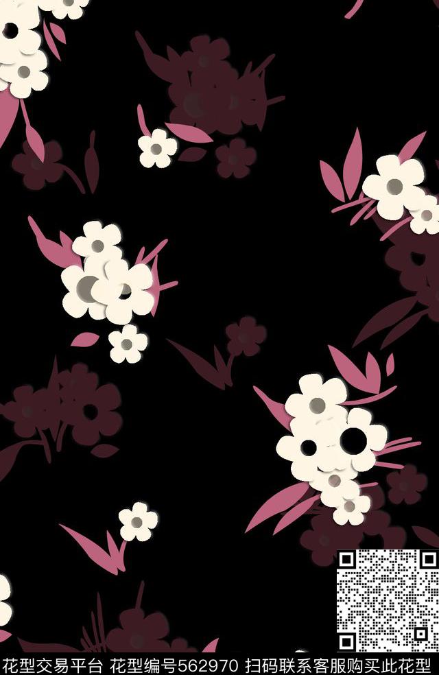 纯色底花卉简笔画传统印花华亿平台下载（图片编号: 562970） - 瓦栏（Walan）