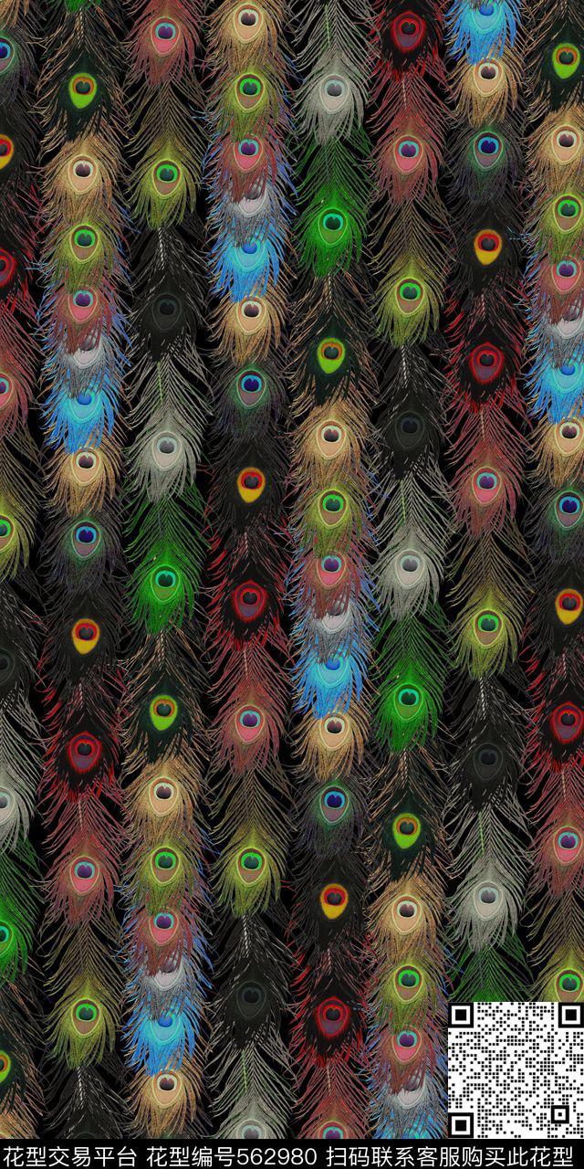 黑色孔雀羽毛数码印花华亿平台下载（图片编号: 562980） - 瓦栏（Walan）