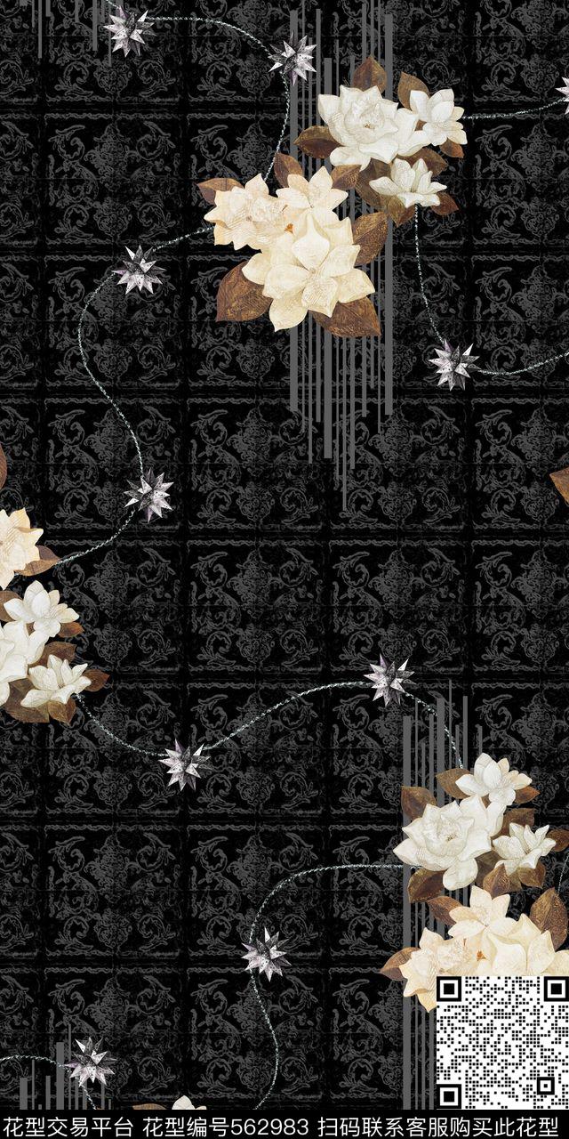 黑底花卉几何数码印花华亿平台下载（图片编号: 562983） - 瓦栏（Walan）