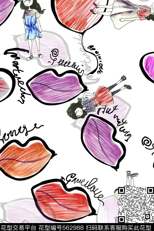 休闲风嘴唇卡通人物数码印花华亿平台下载（图片编号: 562988） - 瓦栏（Walan）