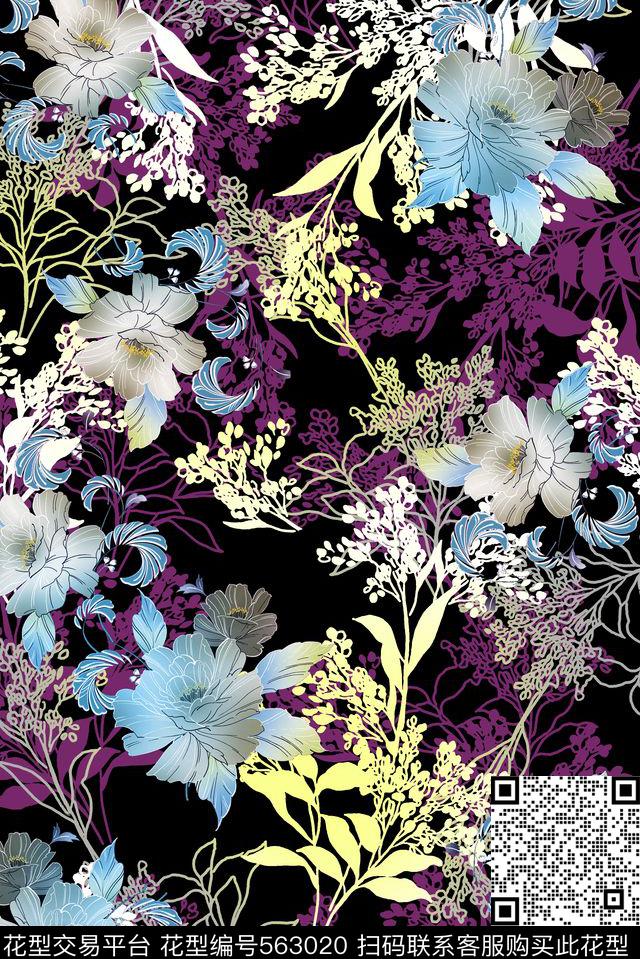 中国风手绘大气冷调数码印花华亿平台下载（图片编号: 563020） - 瓦栏（Walan）