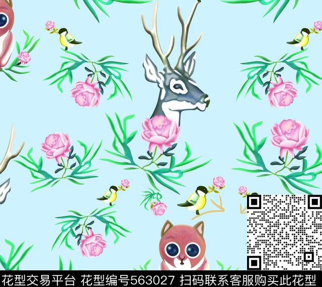 抽象花卉抽象动物花小鹿兰色数码印花华亿平台下载（图片编号: 563027） - 瓦栏（Walan）