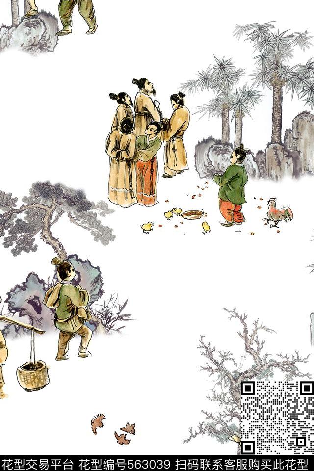 国画写意绘画人物树木休闲装数码印花华亿平台下载（图片编号: 563039） - 瓦栏（Walan）