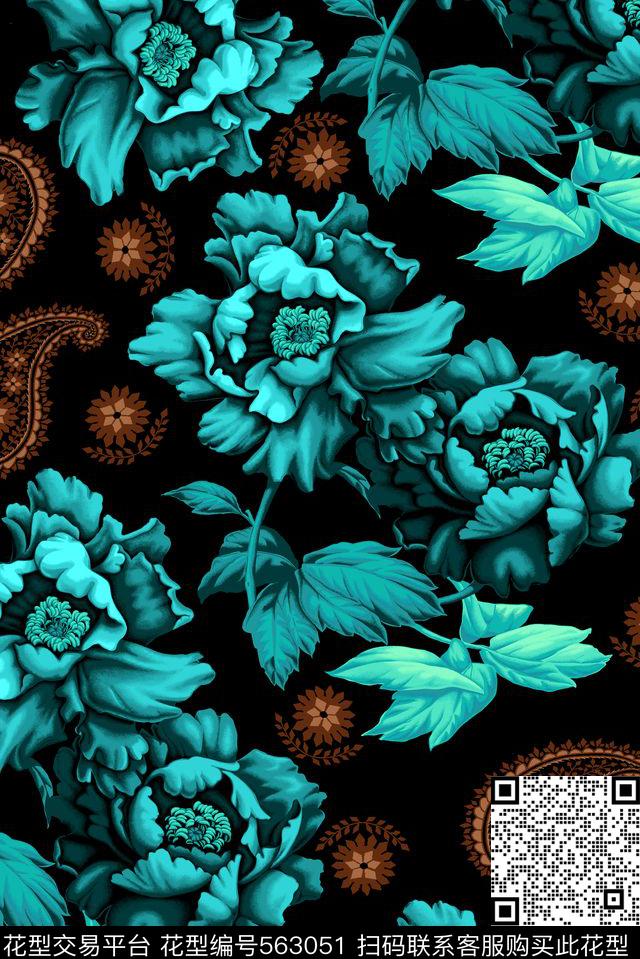 花朵花卉牡丹数码印花华亿平台下载（图片编号: 563051） - 瓦栏（Walan）