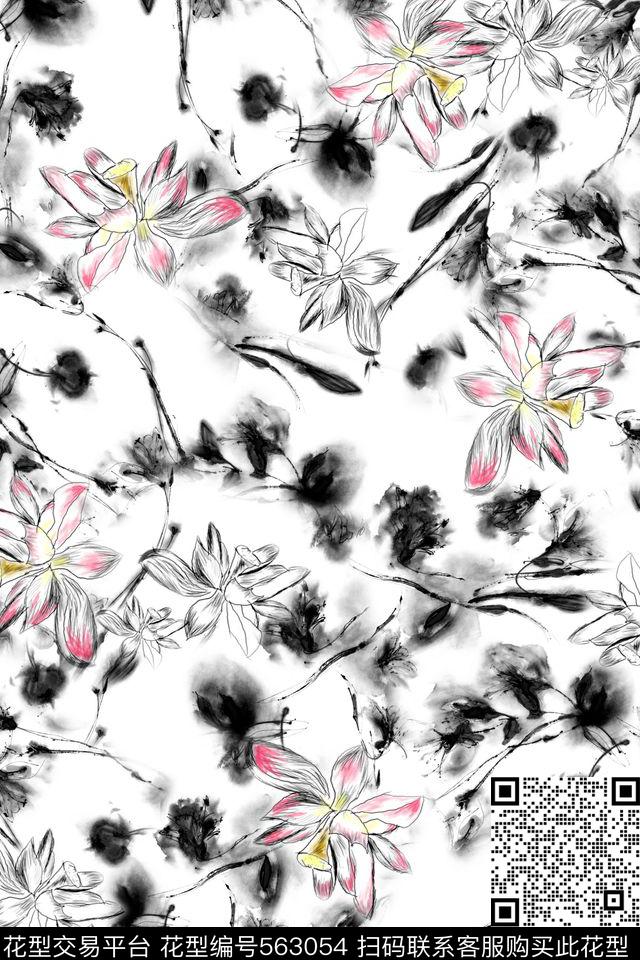 绘画国画线条荷花素雅数码印花华亿平台下载（图片编号: 563054） - 瓦栏（Walan）