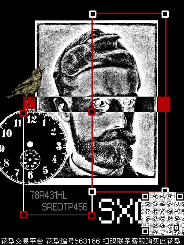 抽象男装图案人物肖像表盘数码印花华亿平台下载（图片编号: 563166） - 瓦栏（Walan）