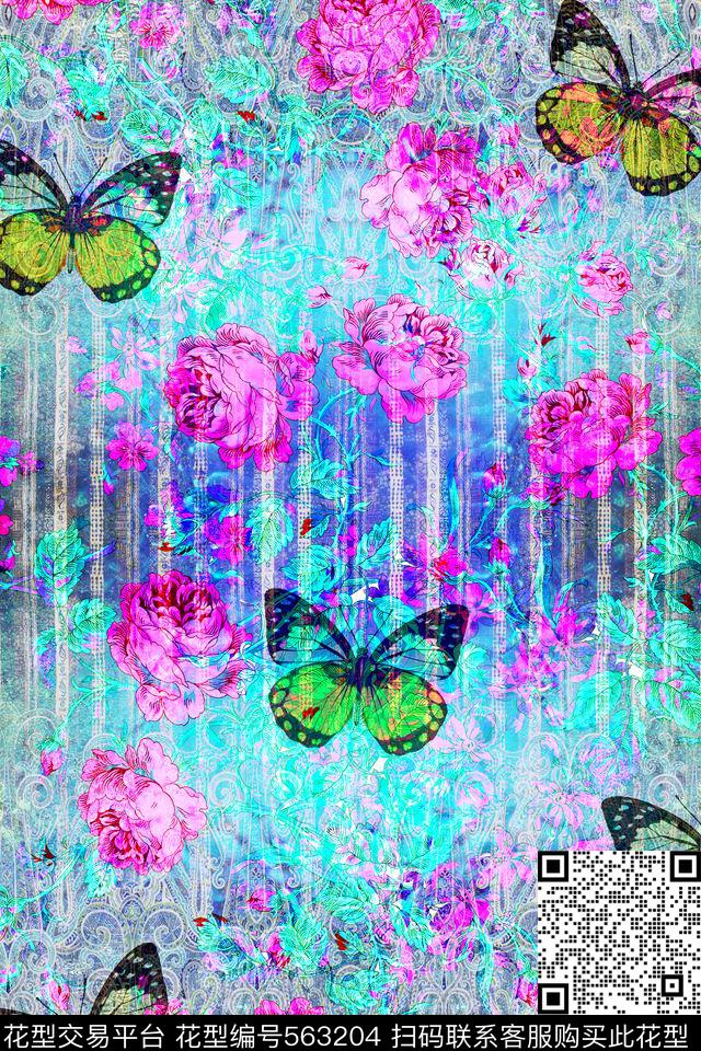 蝴蝶花卉水纹打底数码印花华亿平台下载（图片编号: 563204） - 瓦栏（Walan）