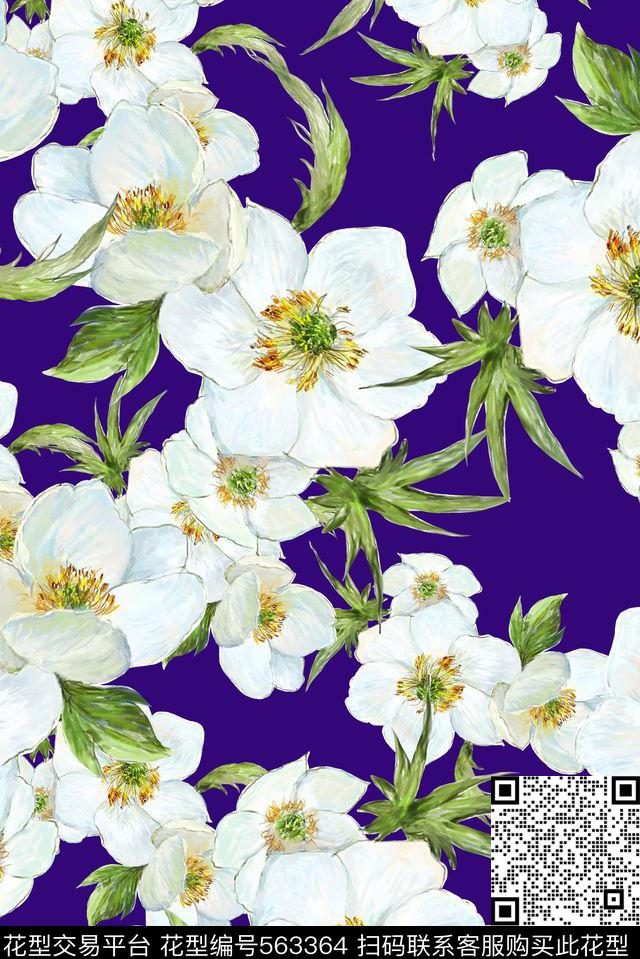 中国风手绘大气清新花朵数码印花华亿平台下载（图片编号: 563364） - 瓦栏（Walan）