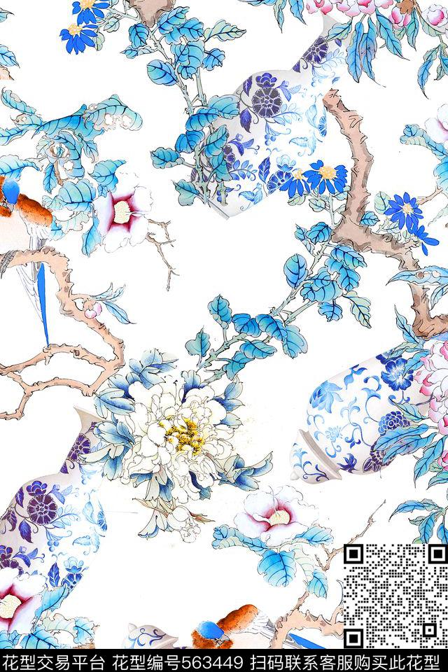 中国风工笔花鸟牡丹数码印花华亿平台下载（图片编号: 563449） - 瓦栏（Walan）