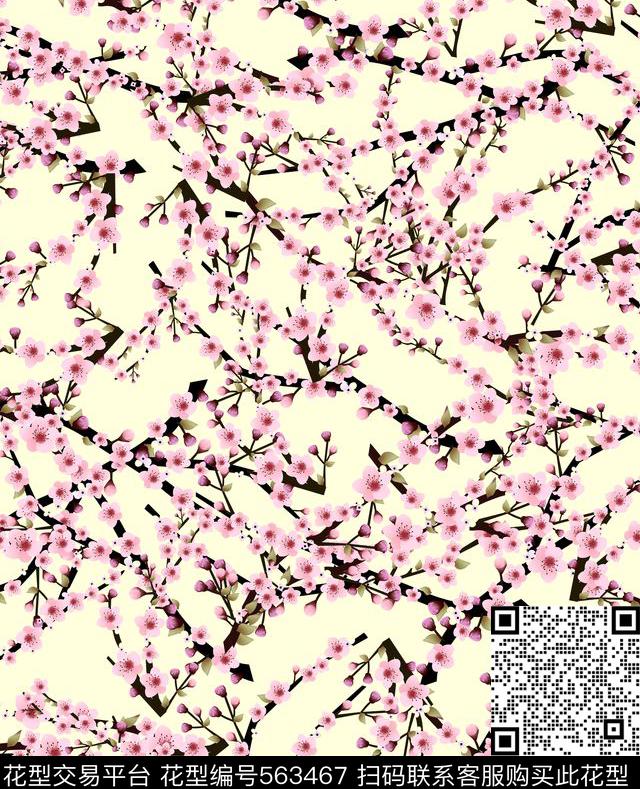 时尚枝条桃花枝传统印花华亿平台下载（图片编号: 563467） - 瓦栏（Walan）