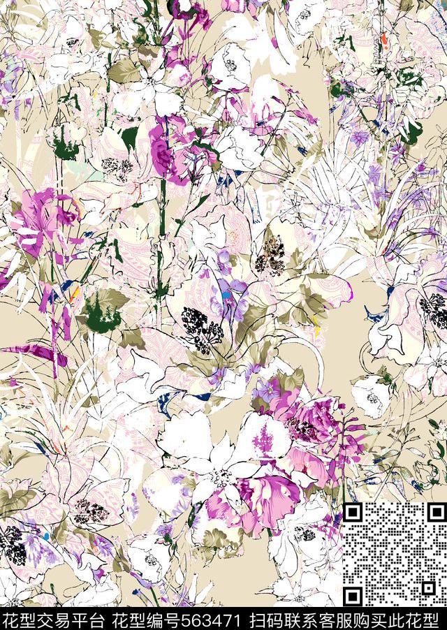 时尚线描手绘数码印花华亿平台下载（图片编号: 563471） - 瓦栏（Walan）