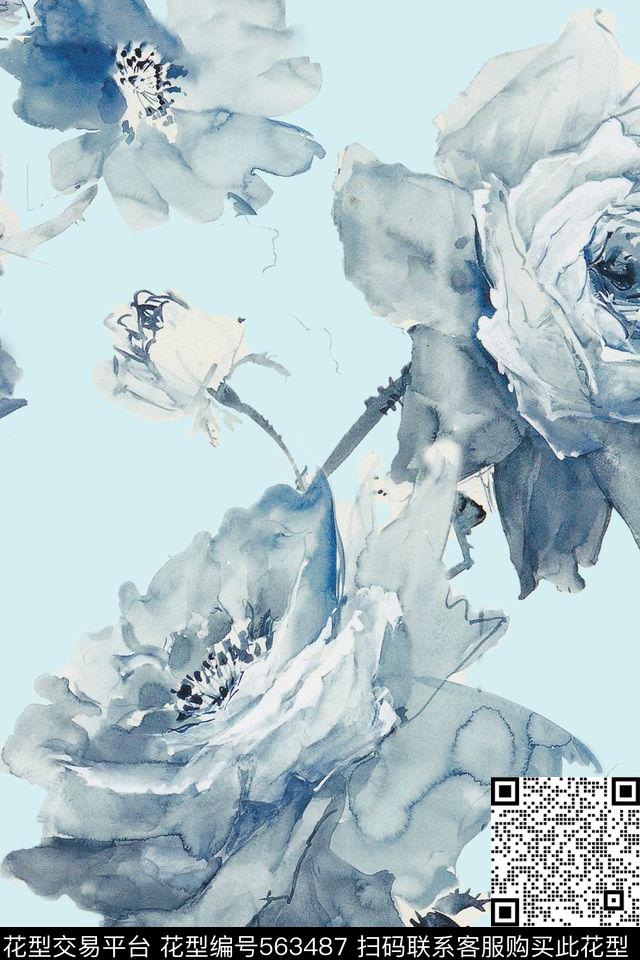 大花时尚清新花卉数码印花华亿平台下载（图片编号: 563487） - 瓦栏（Walan）
