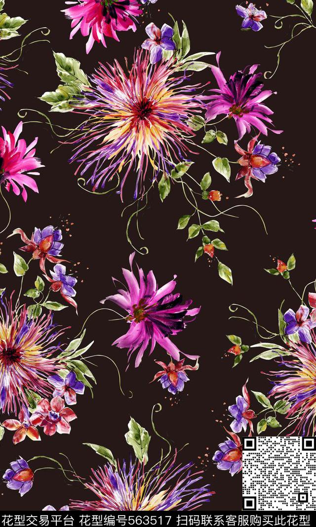 手绘花自然清新回归数码印花华亿平台下载（图片编号: 563517） - 瓦栏（Walan）
