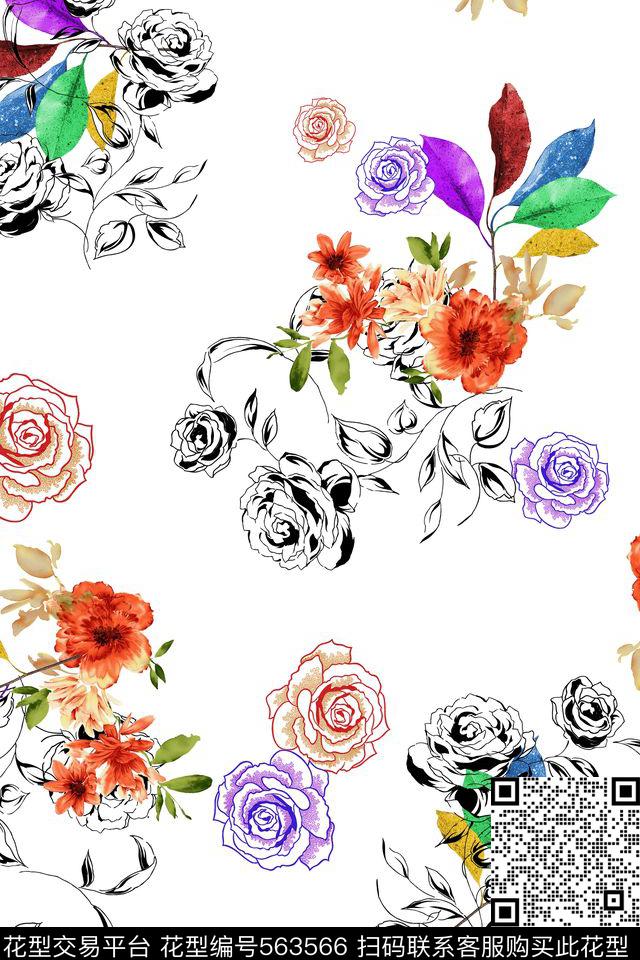 休闲花卉线描水彩花卉数码印花华亿平台下载（图片编号: 563566） - 瓦栏（Walan）